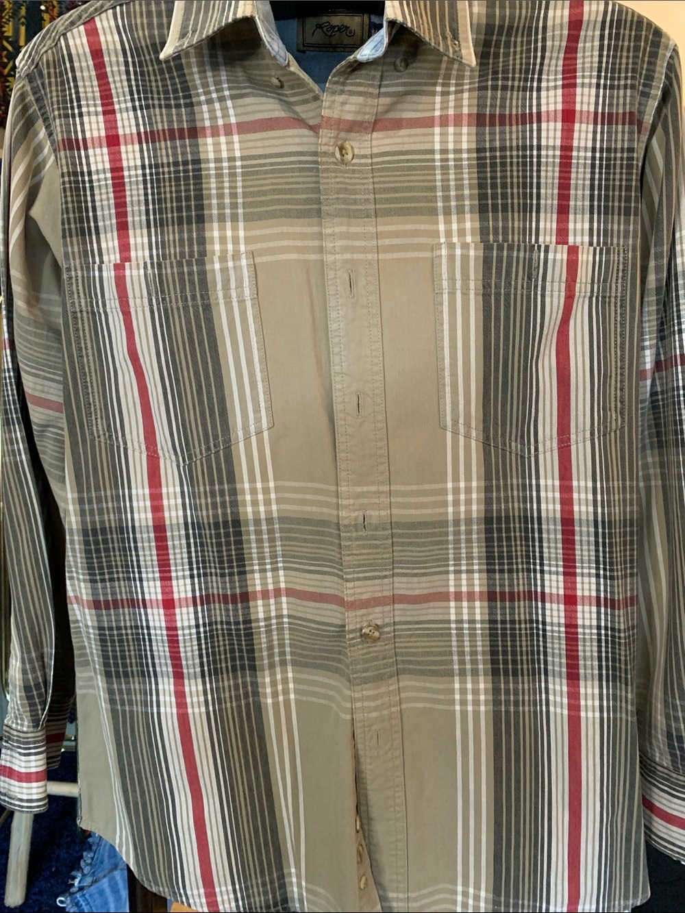 Casual Plaid Western Button-Up Shirt - Olive with Red & Black Stripes